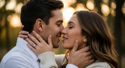 Loving couple sharing tender moment face to face outdoors