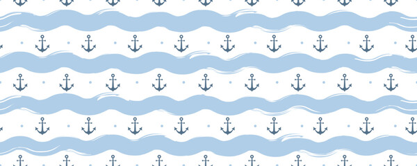 Seamless pattern with grunge curly lines. Hand drawn watercolor sea. Abstract girly backdrop with anchors. Vector illustration.