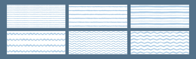 Cute baby pattern with wavy lines. Abstract doodle print. Set of Seamless backgrounds. Striped summer wallpaper. Vector illustration.