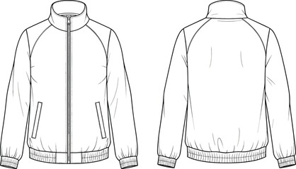 Full zip raglan sleeve windbreaker jacket technical fashion flat sketch template front and back view cad drawing flat vector illustration © Rakibul