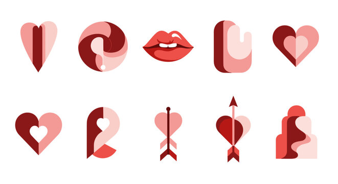Set of romantic love symbols and icons in red and pink colors