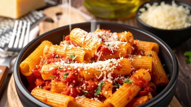 Rustikale Rigatoni al Pomodoro in einer dunklen Schale