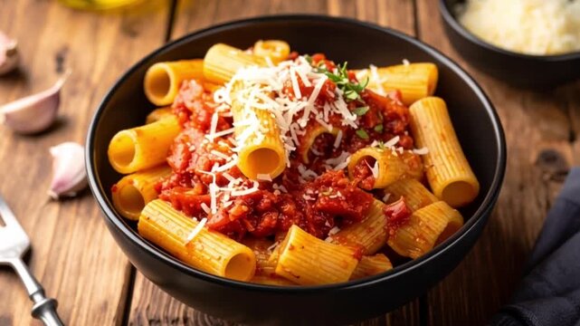 Rustikale Rigatoni al Pomodoro in einer dunklen Schale