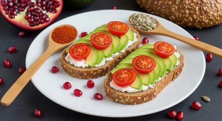 A delicious and healthy snack with avocado and tomato on toasted bread.