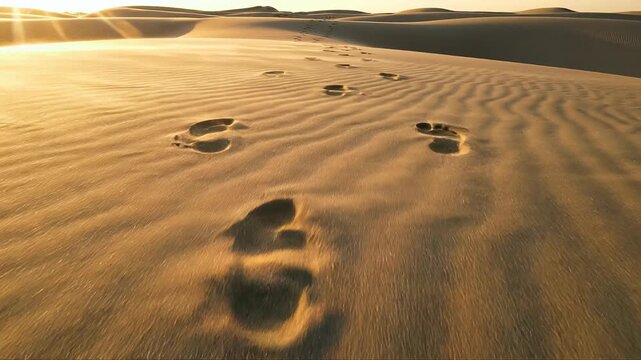 Serene sunset journey across mesmerizing sand desert footprints trail