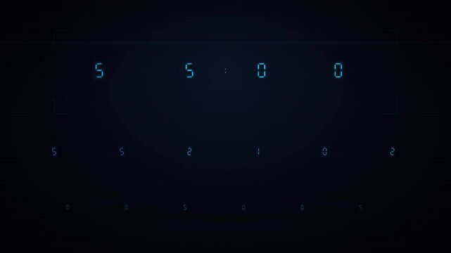Neon cyan seven-segment LED clock digits with scan lines and circuit patterns on dark grid