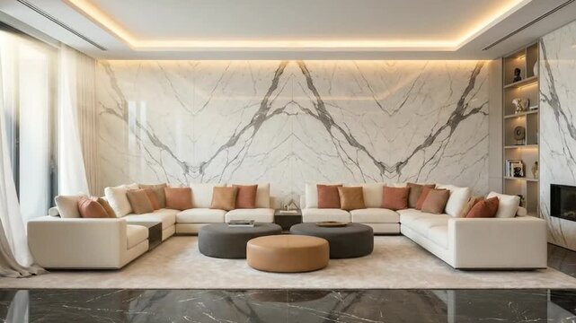 Luxurious contemporary living room with marble accent wall and sectional sofa