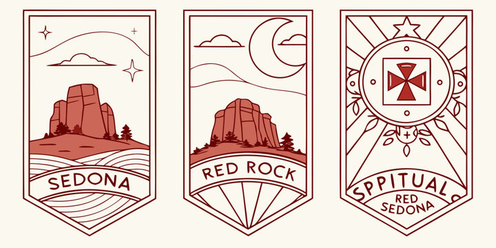 U.S, USA, US, United States - Sedona Red Rock Spiritual Badge Art &ndash; Desert Canyon Landscape with Mystic Symbols in Warm Earth‑Tone Vintage Style for Southwest Decor, Travel Illustration & Scenic 
