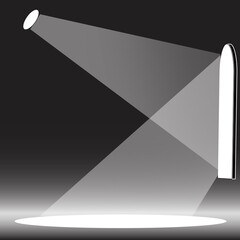 Black and white illustration of stage lighting with intersecting spotlights