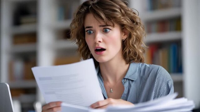 Shocked woman reading documents at desk, surprised and angry reaction to unexpected news in home office setting
