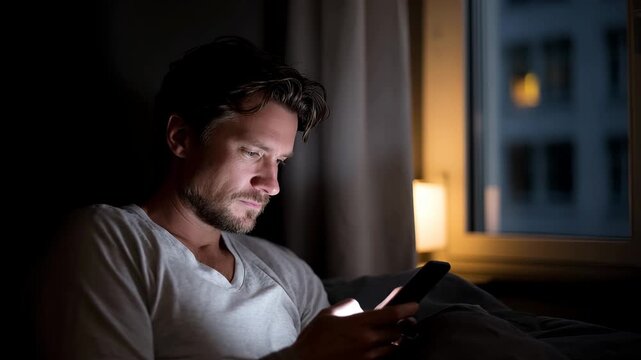 Man scrolling on smartphone in bed at night, screen glow and late evening mobile browsing with insomnia and digital addiction concept