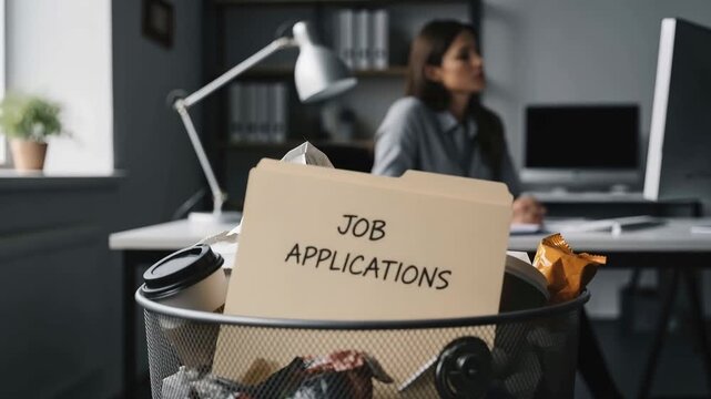 Job applications folder on office desk with crumpled resumes, unemployment and job search stress concept in modern workplace