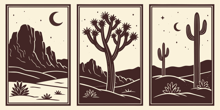 Desert Night Triptych Art: Joshua Tree, Saguaro Cactus & Mountain Landscape Illustration in Minimal Monochrome Style, U.S, USA, US, United States
