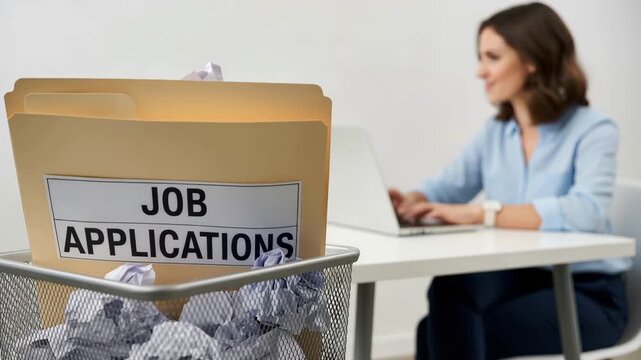 Job applications folder in cardboard box on desk with rejected resumes, job search and unemployment concept with stressed woman in background