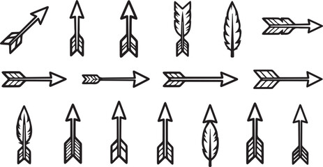 Set of Tribal Arrow Icons Featuring Hand-Drawn Minimalist Line Art with Decorative Feathers and Geometric Archery Silhouette Graphic Elements © rofikgraph24