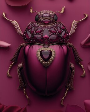 Elegant jewel-encrusted beetle with heart design set against a rich pink background.