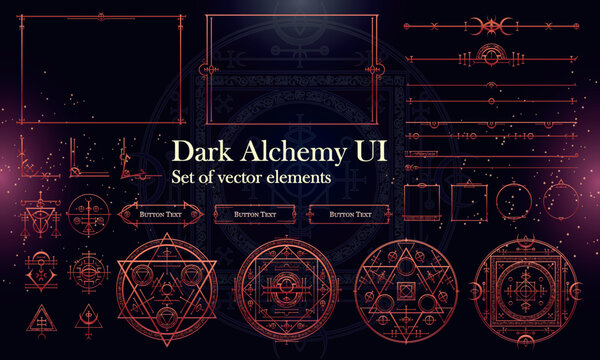 Dark Fantasy Alchemy UI Elements Set. Magic HUD Templates for RPG Game Interface, Posters and Video, Vector EPS10