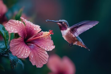 Fototapeta premium Macro photography captures hummingbird feeding on hibiscus flower with beautiful droplets, showcasing nature's intricate details in a vibrant garden setting