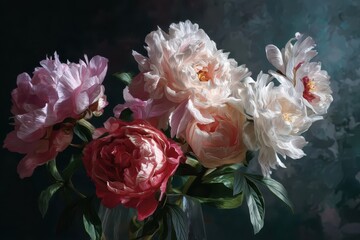 Fototapeta premium Realistic portrayal of peony flowers in intricate embroidery art showcasing vibrant colors and delicate textures
