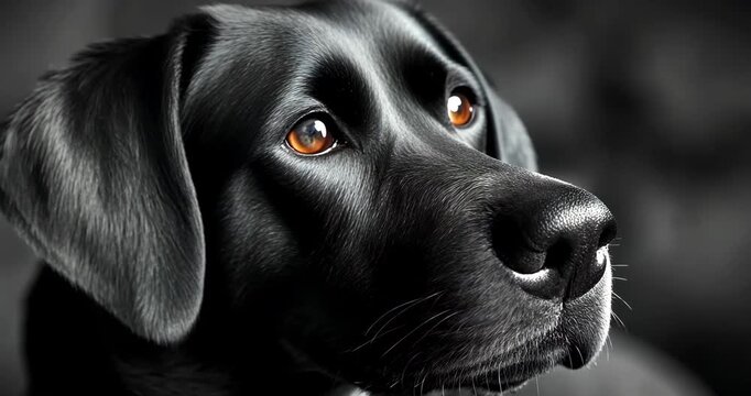 A close-up portrait of a black Labrador with shiny fur, looking attentively against a dark, monochrome background. Moody and cinematic.