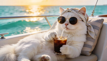 Funny Cat Enjoying Summer Holiday on Ocean Boat