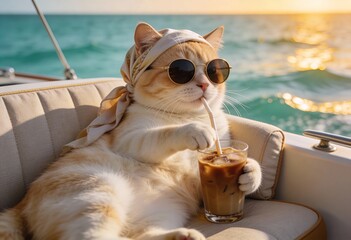 Happy Cat Enjoying Sunset Cruise with Cold Drink