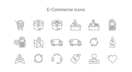 Collection of essential minimalist outline e-commerce icons detailing shopping, delivery, payment, customer service, and tracking processes for digital business.