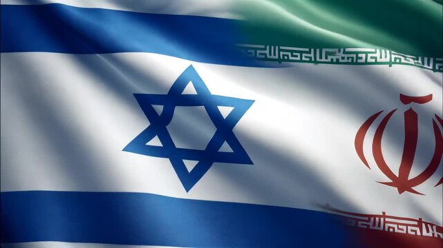 israeli flag waving next to iranian flag. relations israel iran