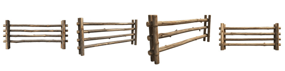 Rustic Wooden Log Fence Section Mockup Isolated On White Background PNG