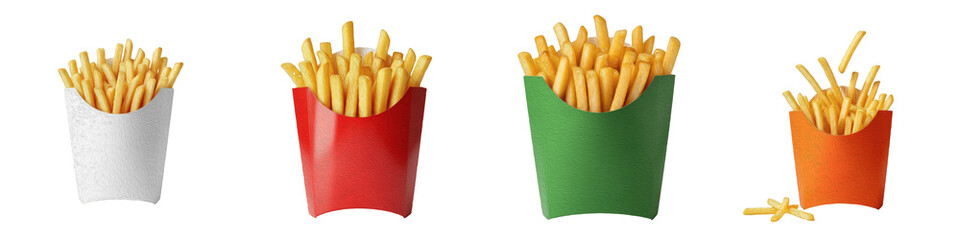 Golden French Fries In Colorful Paper Boxes Collection Isolated On White Background PNG