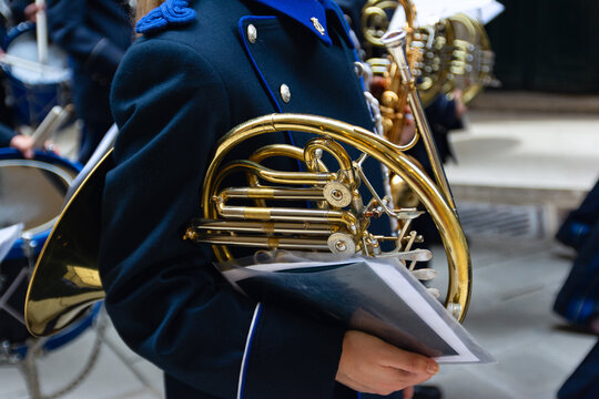 Philharmonic musicians playing in Corfu Easter holiday celebrations. Corfu has a great tradition in music, with 18 philharmonic bands playing a major role on the island`s music education and culture.