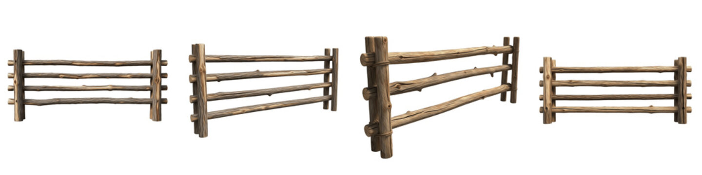Rustic Wooden Log Fence Section Mockup Isolated On White Background PNG