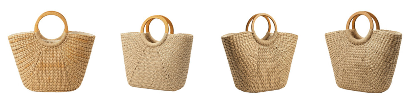 Natural Woven Straw Beach Tote Bag With Round Wooden Handles Collection Isolated On White Background PNG