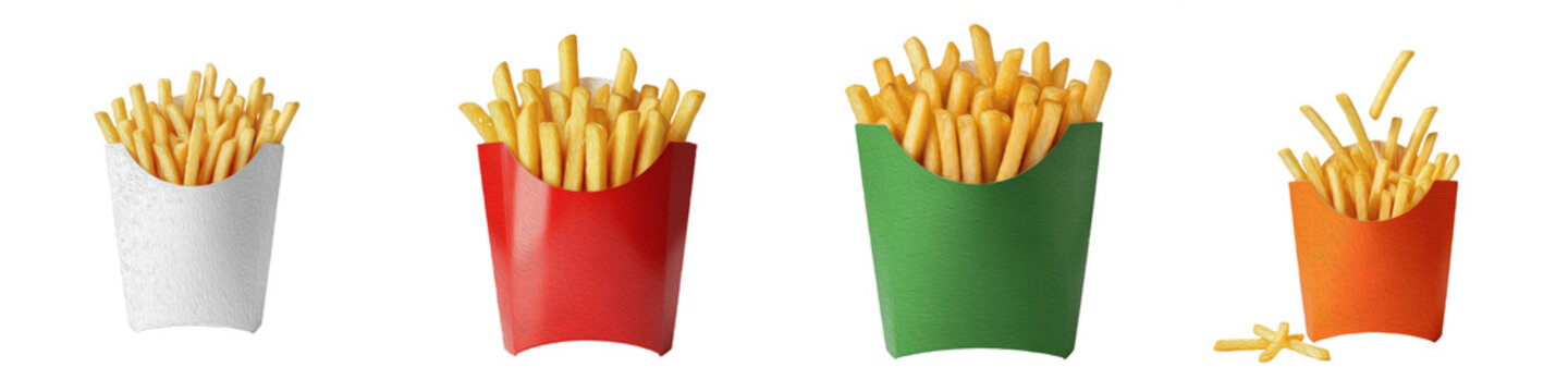 Golden French Fries In Colorful Paper Boxes Collection Isolated On White Background PNG