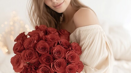 Young woman holding bouquet of red roses in soft light