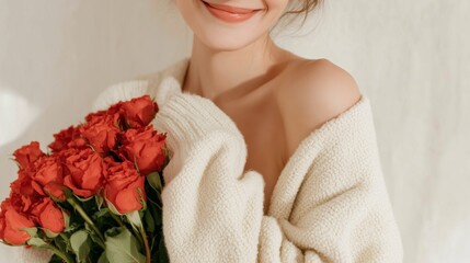 Smiling woman holding red roses wrapped in cozy sweater