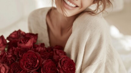 Smiling woman holding red roses in soft natural light