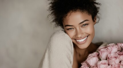 Smiling young woman holding bouquet of pink roses