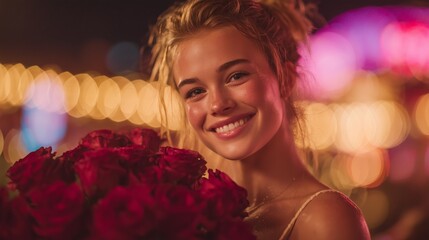 Smiling young woman holding red roses at night with bokeh lights