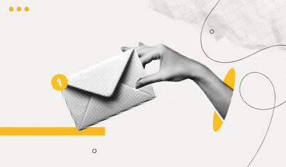Fototapeta premium Trendy Halftone Collage Hand holding closed envelope with one notification. New message or letter in email. Online communication. Social media marketing. Contemporary vector illustration art