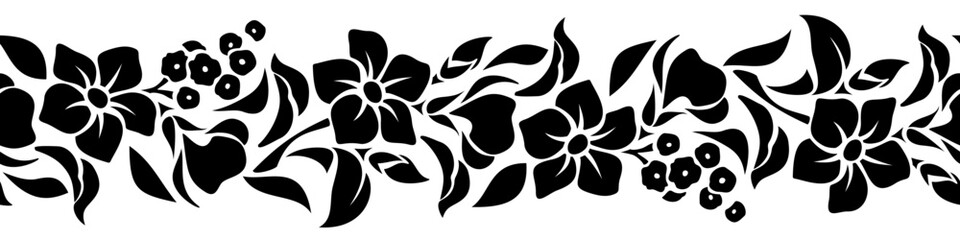 Floral seamless border with flowers and leaves. Floral vignette. Vector black and white horizontal floral background