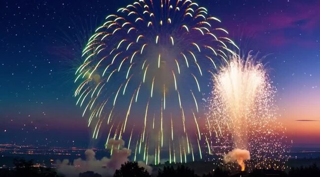 Colorful fireworks exploding in night sky over city skyline  