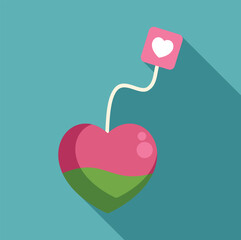 Heart shaped teabag with a white heart label on a string in flat design style
