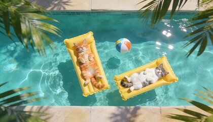 Happy Kittens Enjoying Summer Pool Vacation