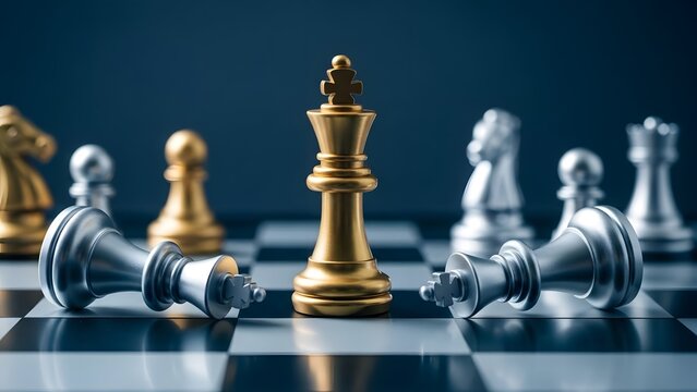 Golden and silver chess pieces are arranged on a board in a dramatic pose