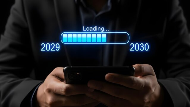 Person holding phone displaying futuristic loading screen with years 2029 to 2030