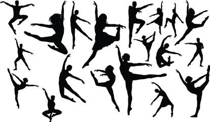 Dance silhouette collection, ballet pose, contemporary movement, expressive dancer, leaping figure, pirouette form, elegant motion, choreography art, black shape, isolated white background © Enamul