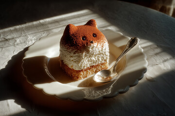 Whimsical cat-shaped dessert ready to delight in soft afternoon light