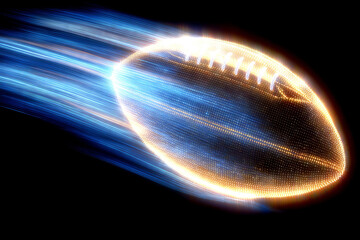 Electric football soaring through the night sky with glowing trails of light