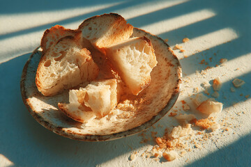 Shards of bread resting on a cracked ceramic plate in warm sunlight